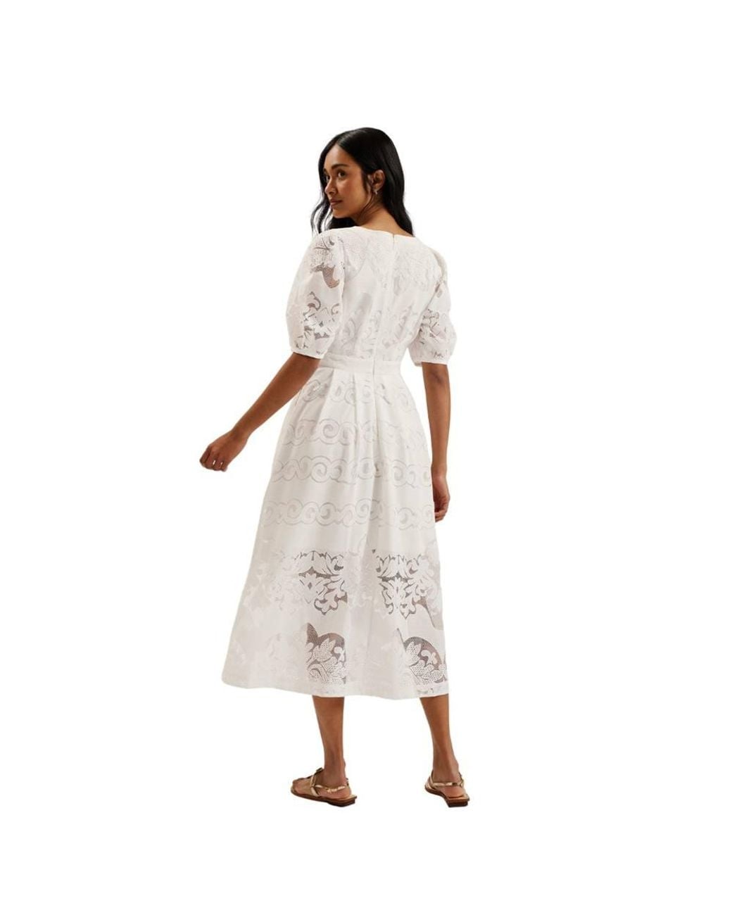 Ted Baker White Agnel Three Quarter Sleeve V-Neck Regular Fit Midi Dress