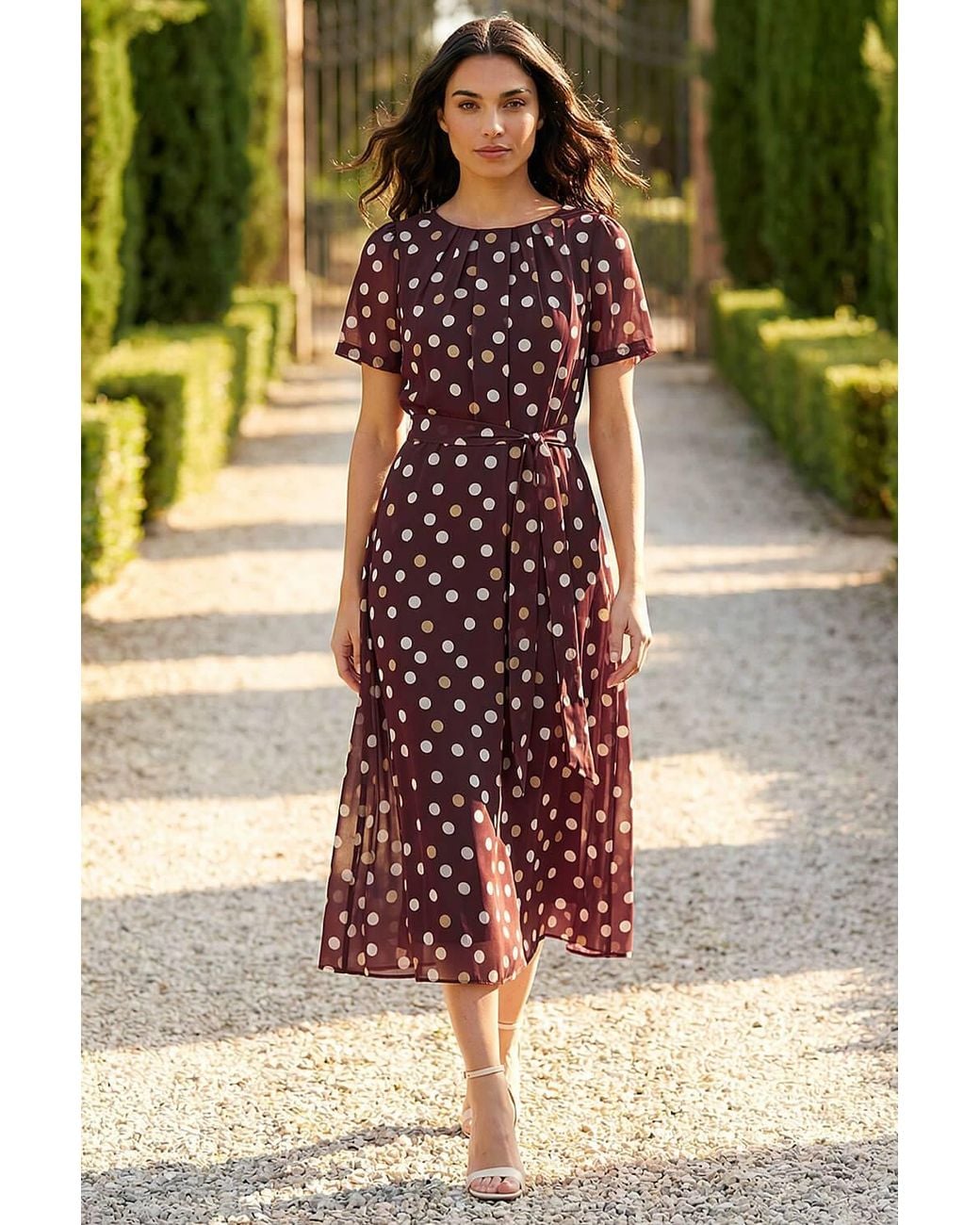 Roman Brown Polka Dot Pleat Neck Midi Dress