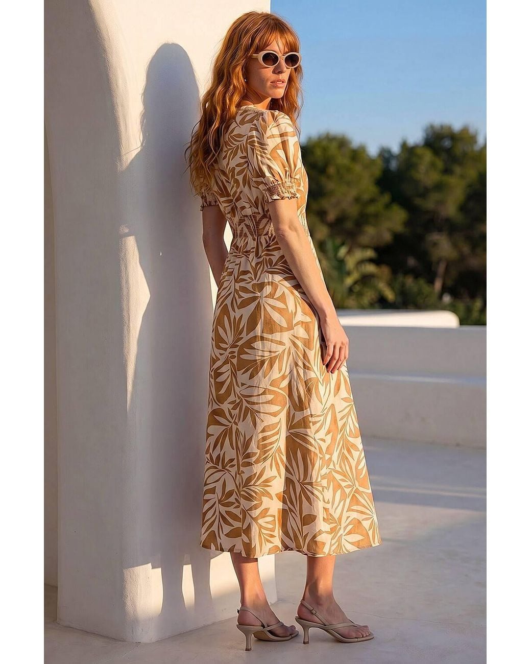 Roman Natural Abstract Print Button Midi Dress