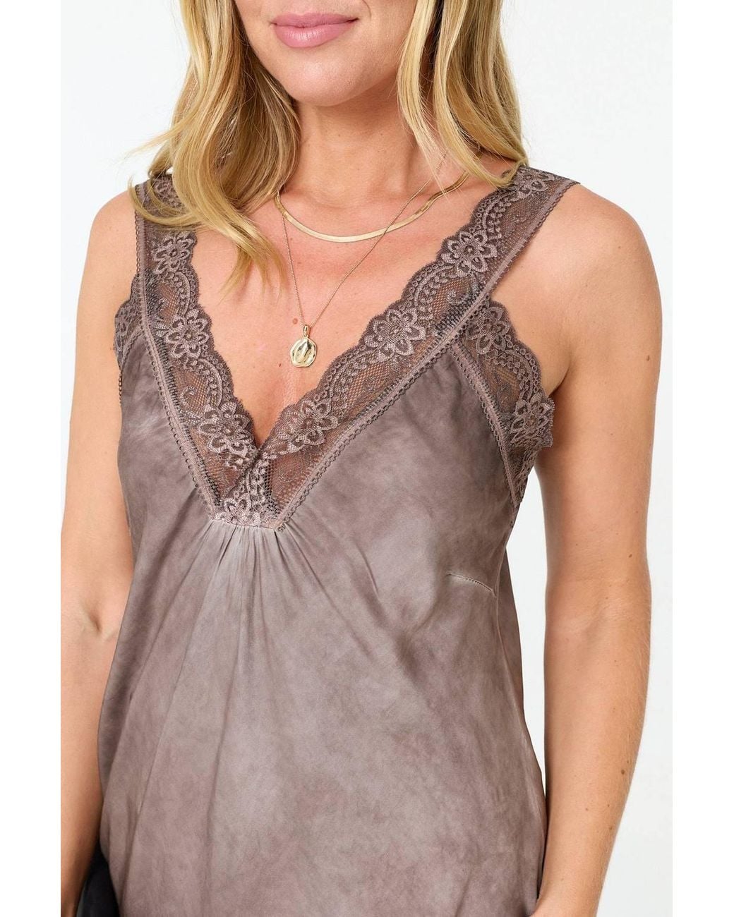 Izabel London Brown Lace Trim Satin Texture Vest Top