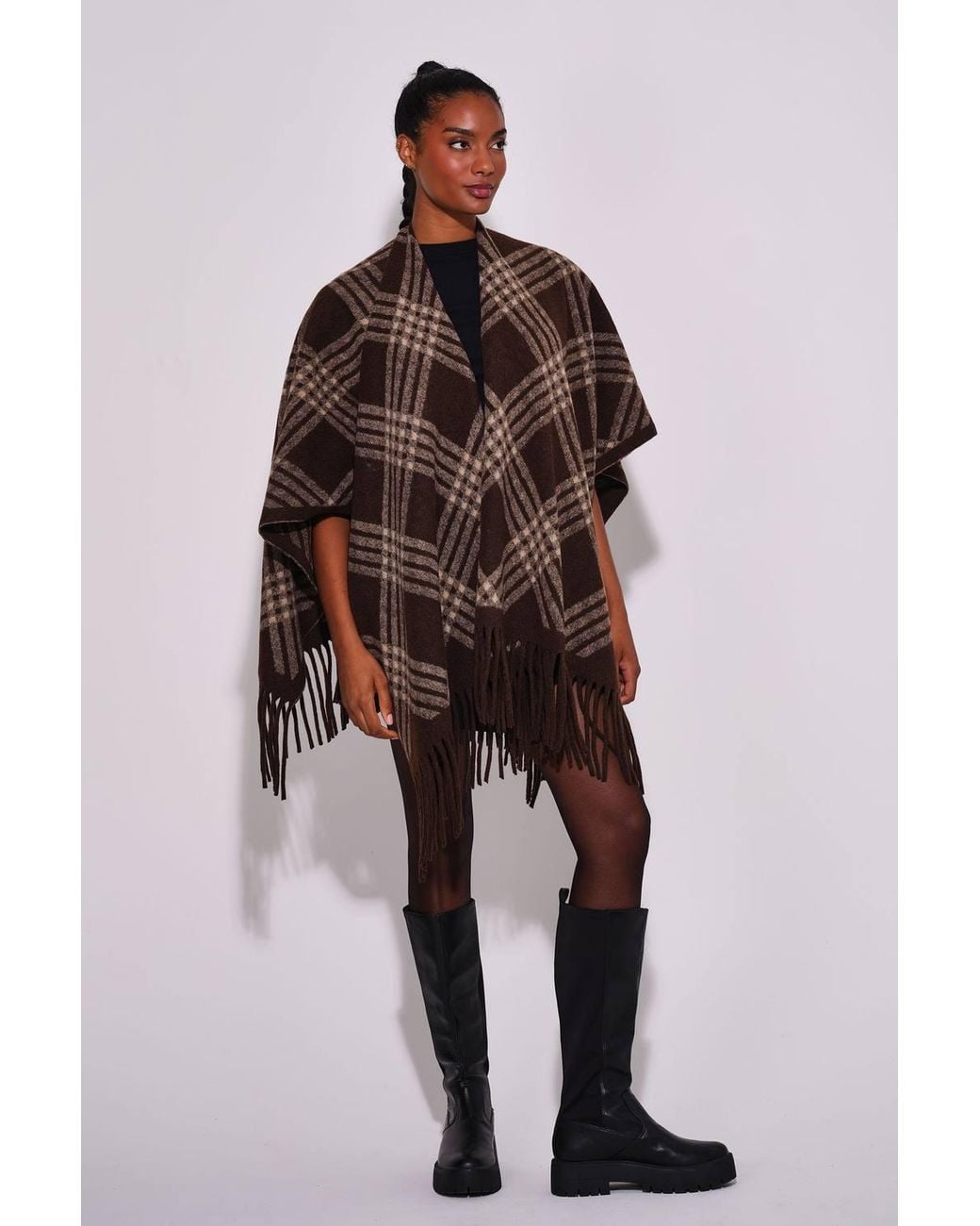 South Beach Brown Check Fringe Shawl