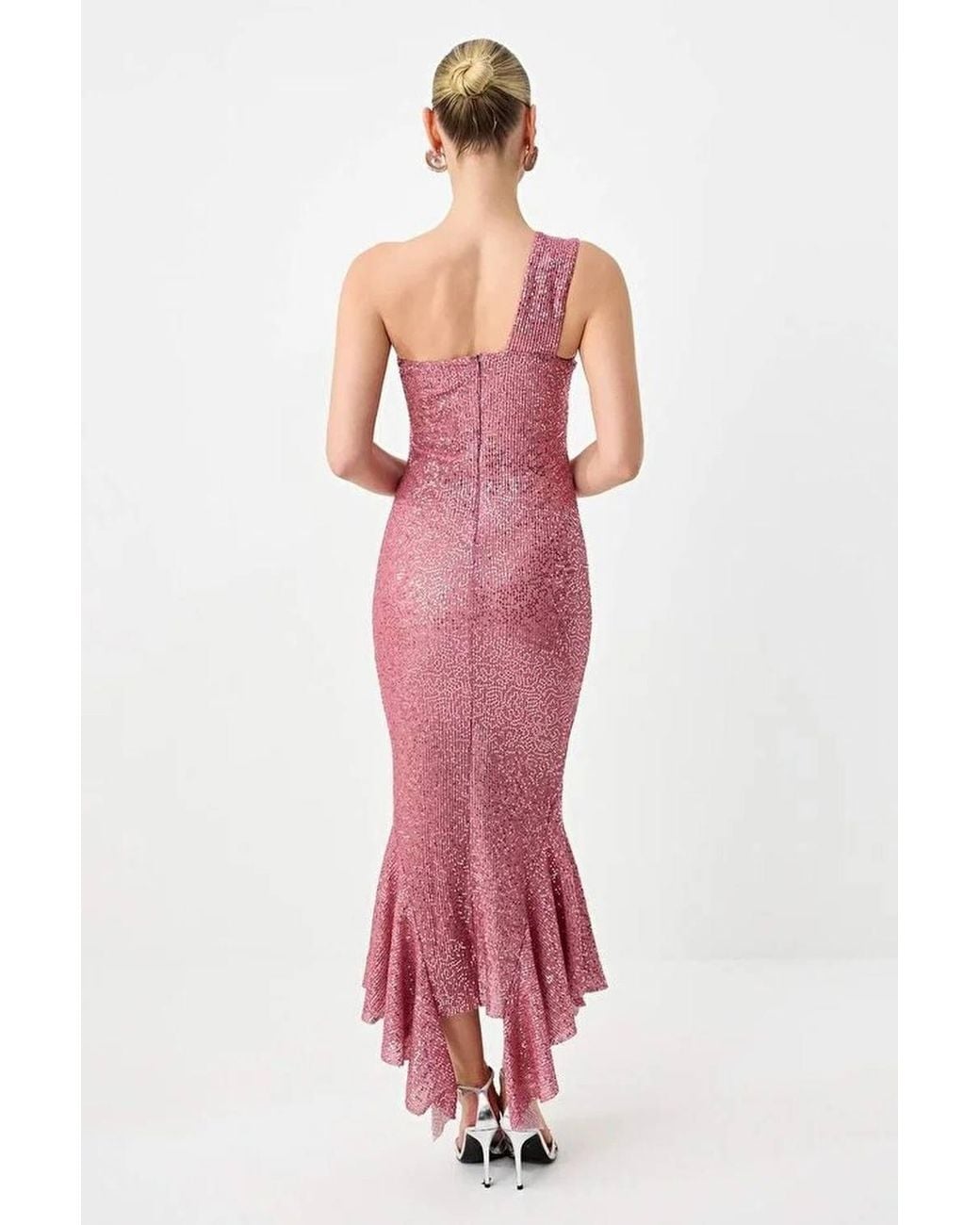 WOVCOR Pink Sequin Embellished Asymmetric One Shoulder Maxi Dress