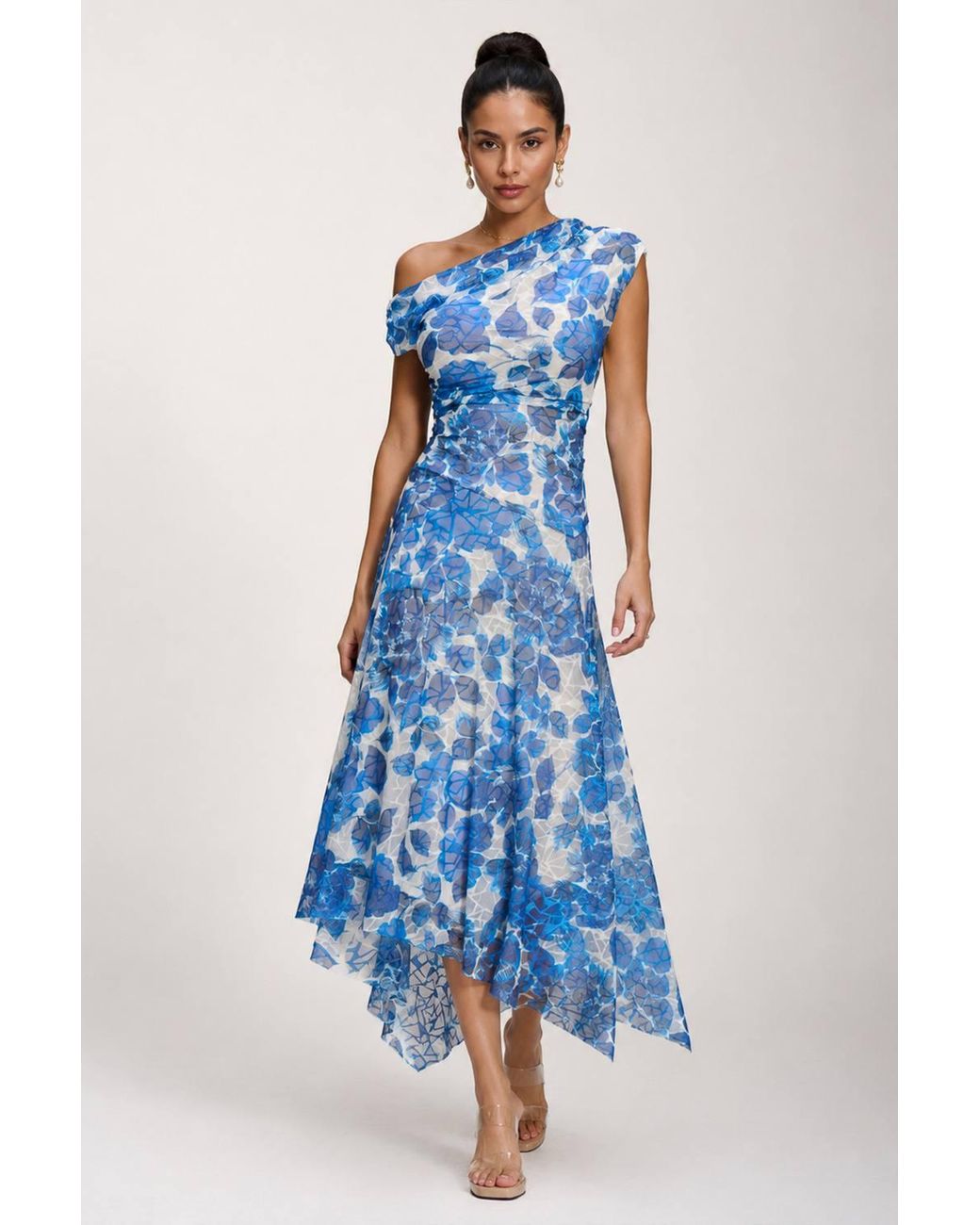 Jolie Moi Blue Asymmetric Draped Print Lace Maxi Dress