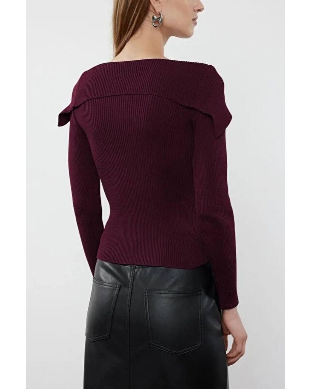 WOVCOR Purple Carmen Collar Knit Sweater Off-Shoulder Rib Knitted Jumper