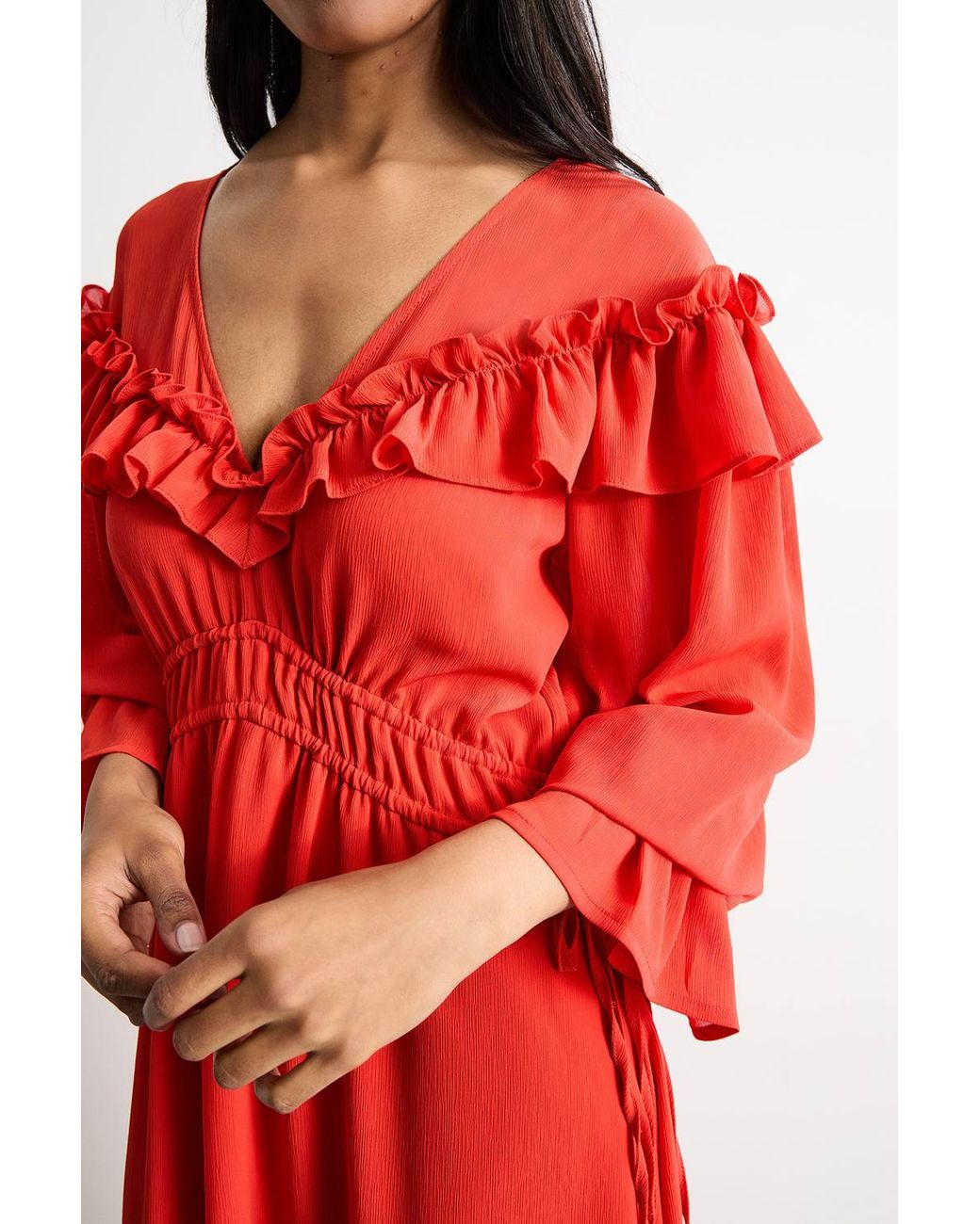 Warehouse Red Ruffle Shoulder Detail V Neck Boho Maxi Dress