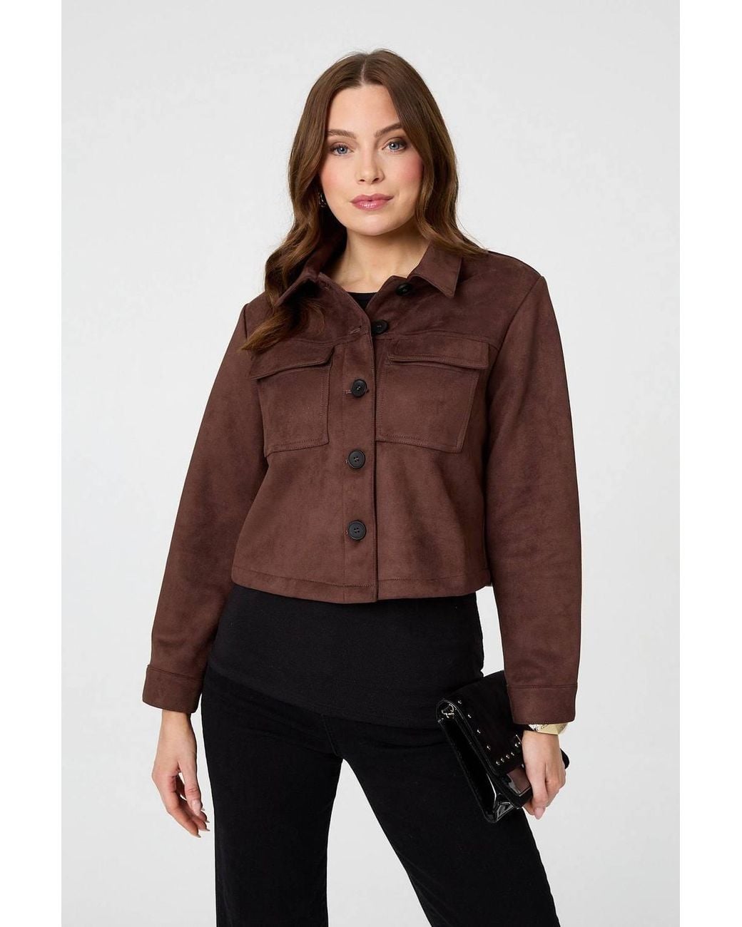 Izabel London Brown Faux Suede Cropped Boxy Jacket
