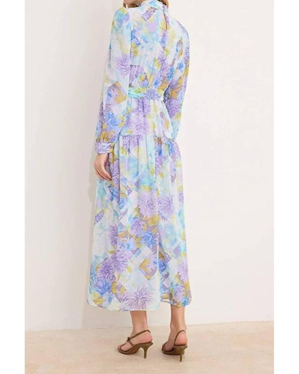 WOVCOR Blue Floral Print Belted Midaxi Chiffon Dress W/ Ruffles