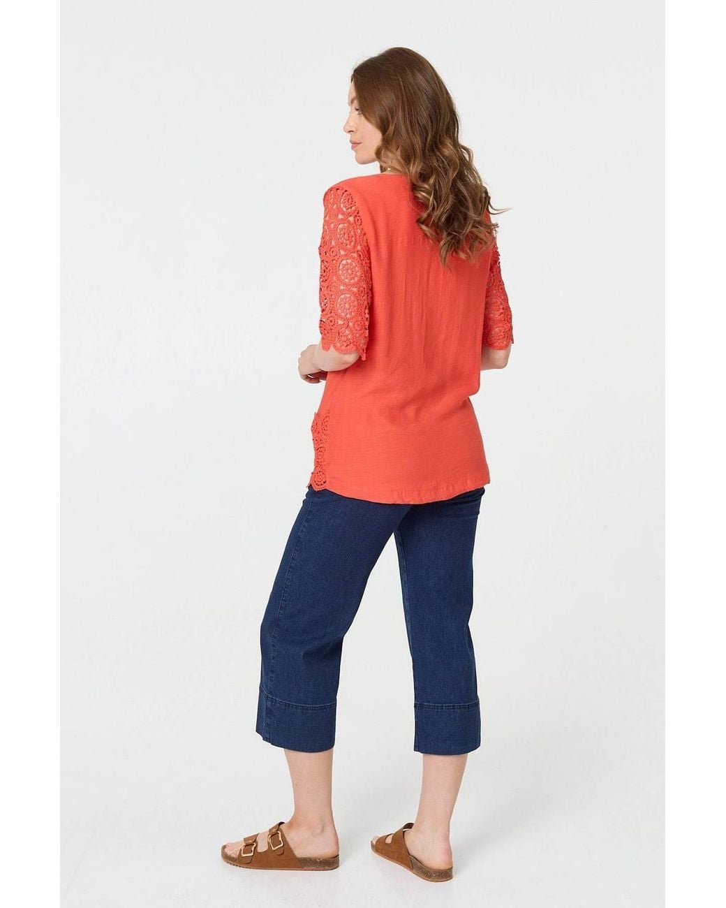 Izabel London Red Lace Trim Semi Sheer 1/2 Sleeve Blouse