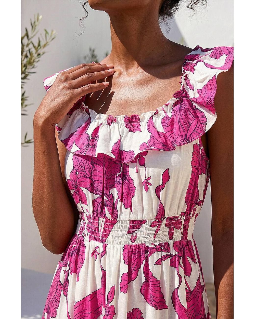 Roman Pink Floral Print Frill Shirred Midi Dress