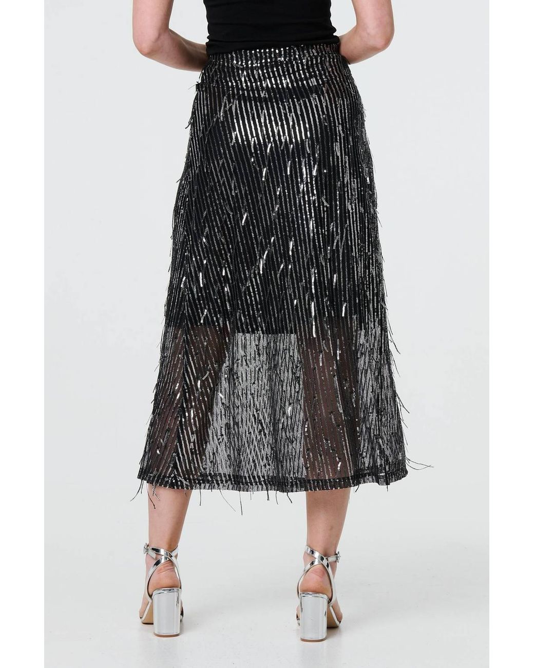 Izabel London Blue Sparkly Striped Mesh Layer Midi Skirt