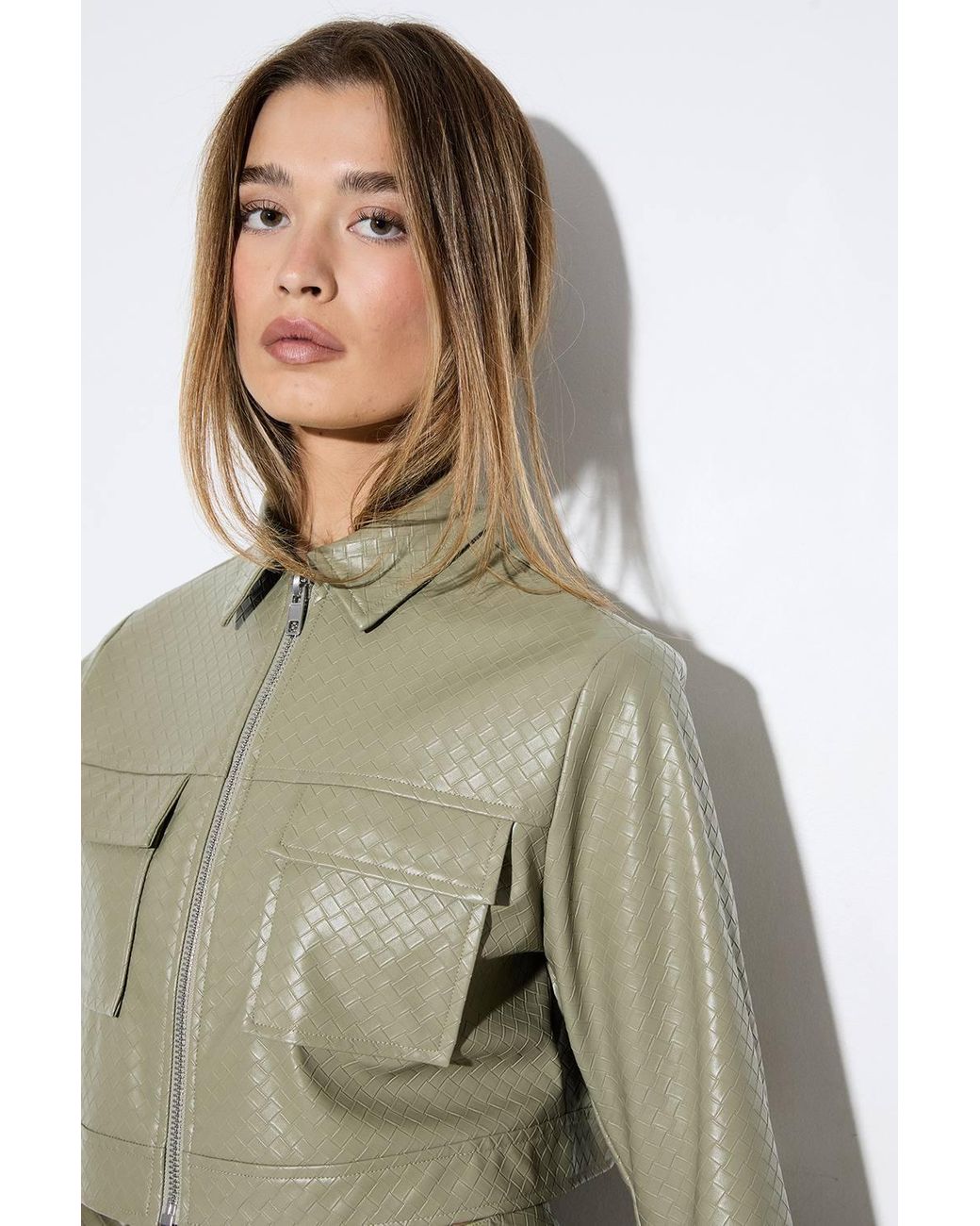 MissPap Green Woven Detail Faux Leather Jacket