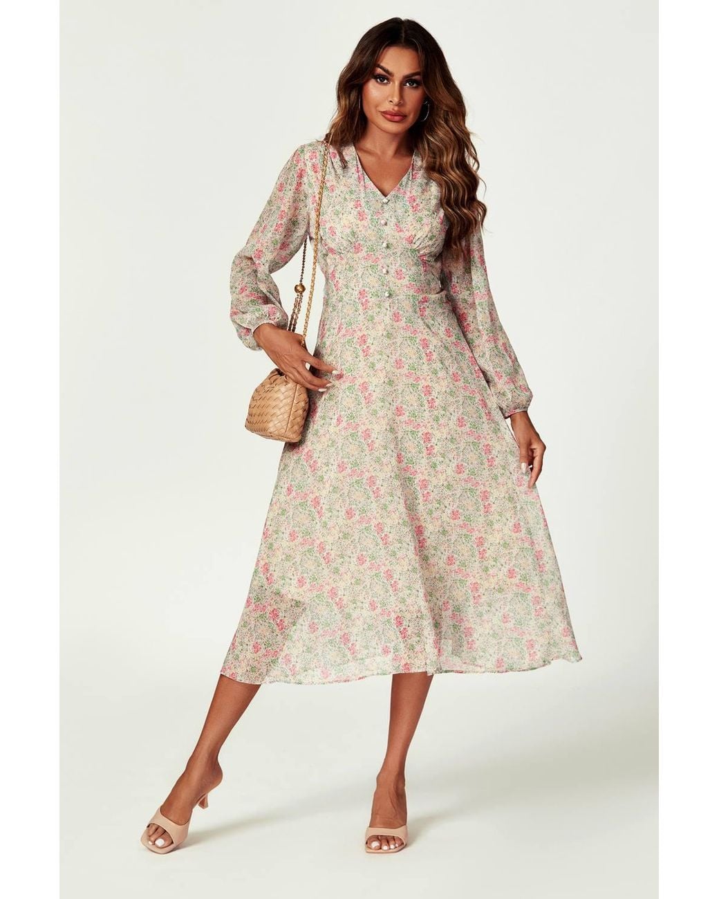 FS Collection Multicolor Floral Print Long Sleeve Midi Dress