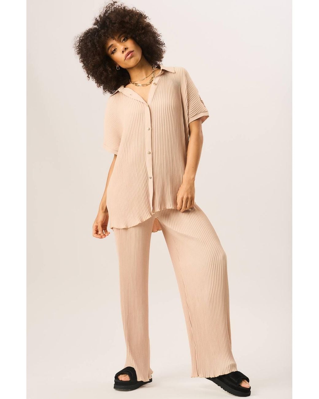 Gini London Natural Plisse Loungewear Wide Leg Trousers