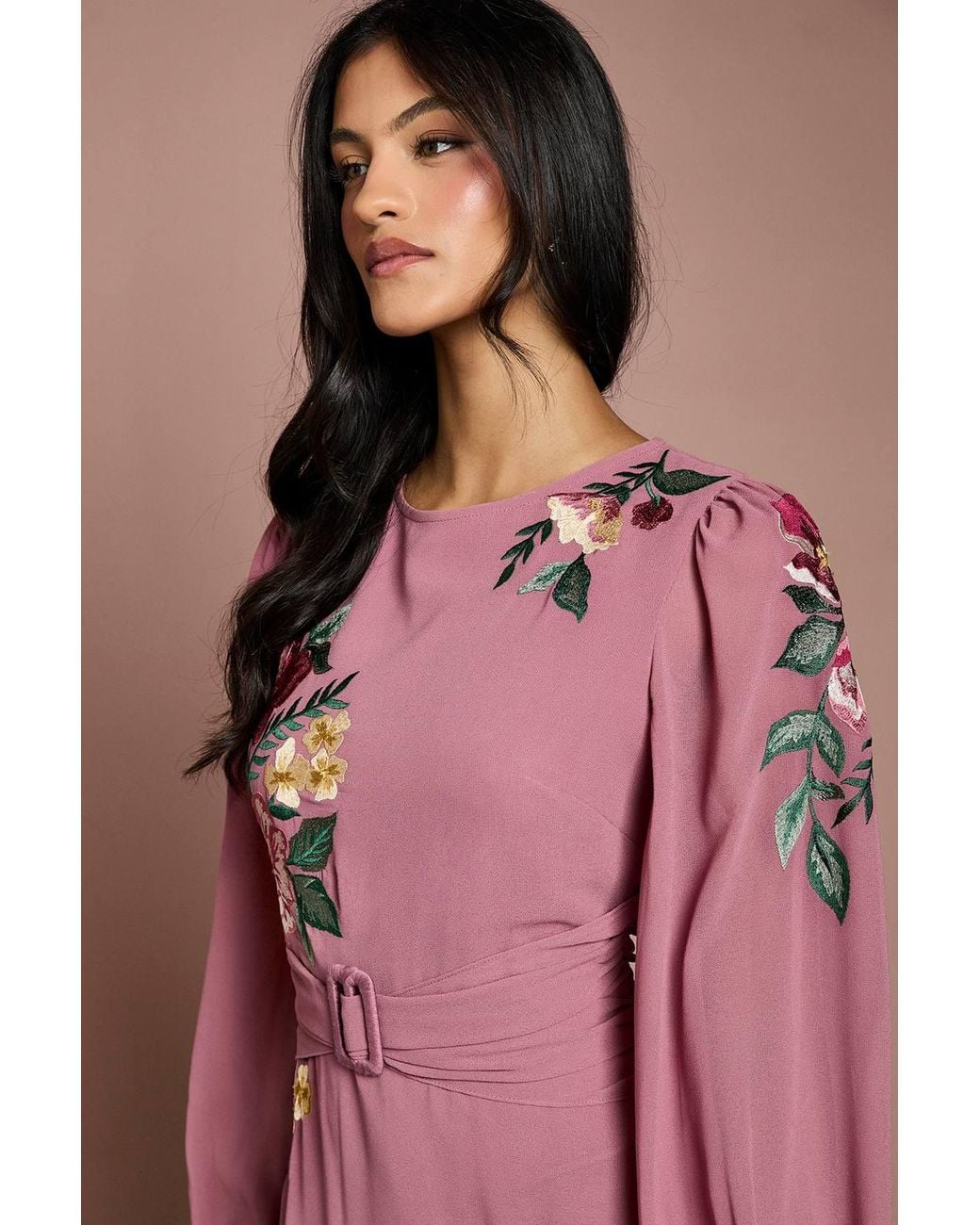 Coast Pink Petite Embroidered Long Sleeve Belted Midi Dress