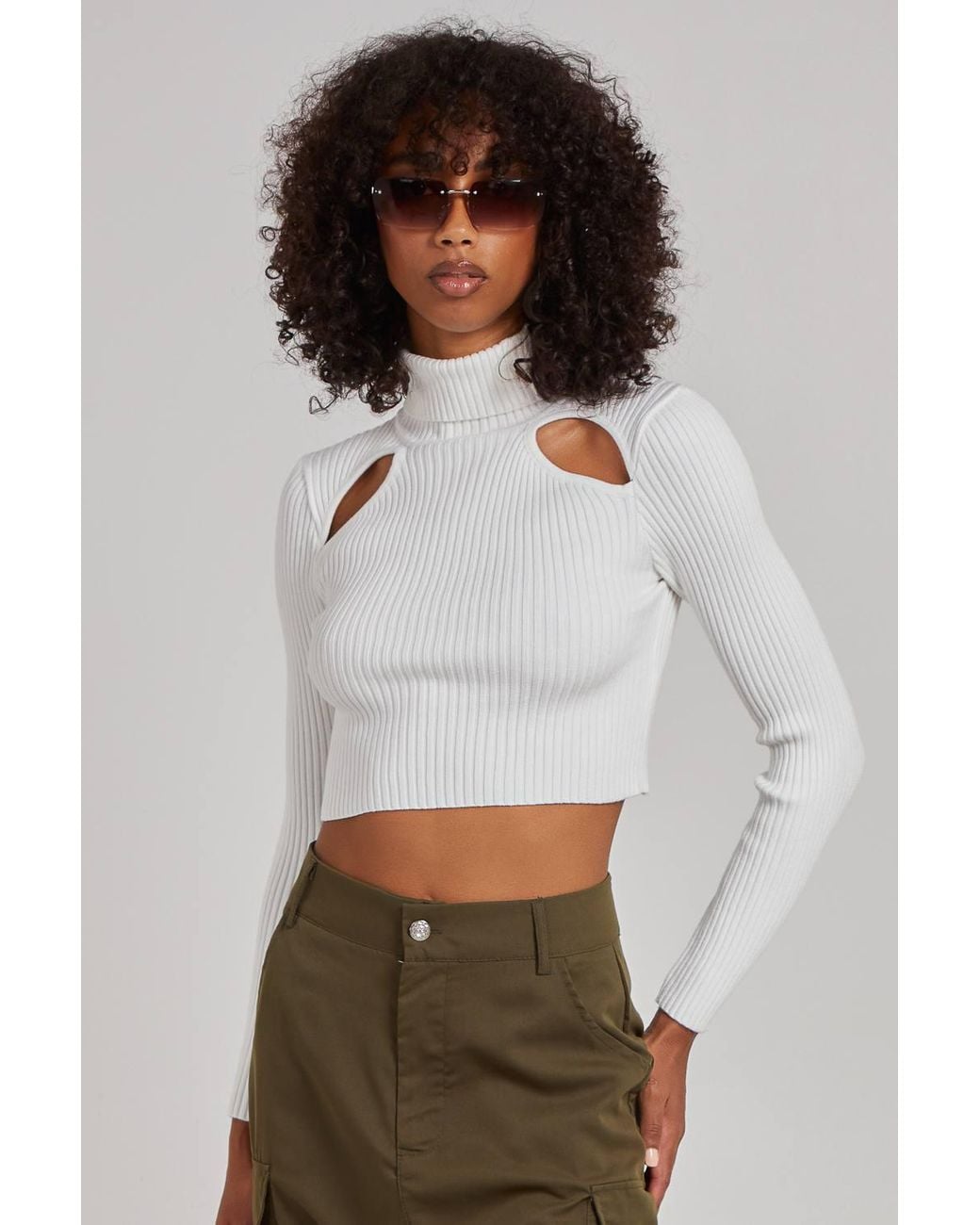 Pink Vanilla White Ribbed Roll Neck Jumper W/ Cut Out Detail