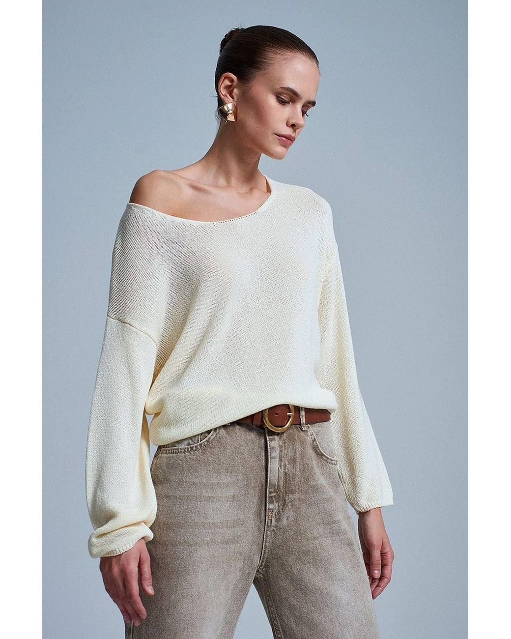 Dilvin Gray Ribbed Boat-Neck Knit Sweater