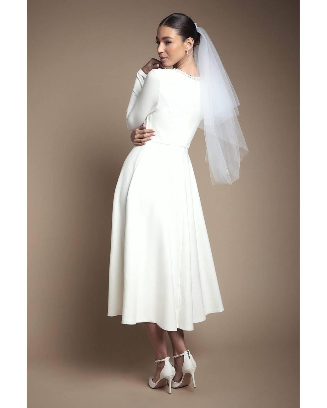 Coast Brown Crystal Trim Ponte Long Sleeve Midi Wedding Dress