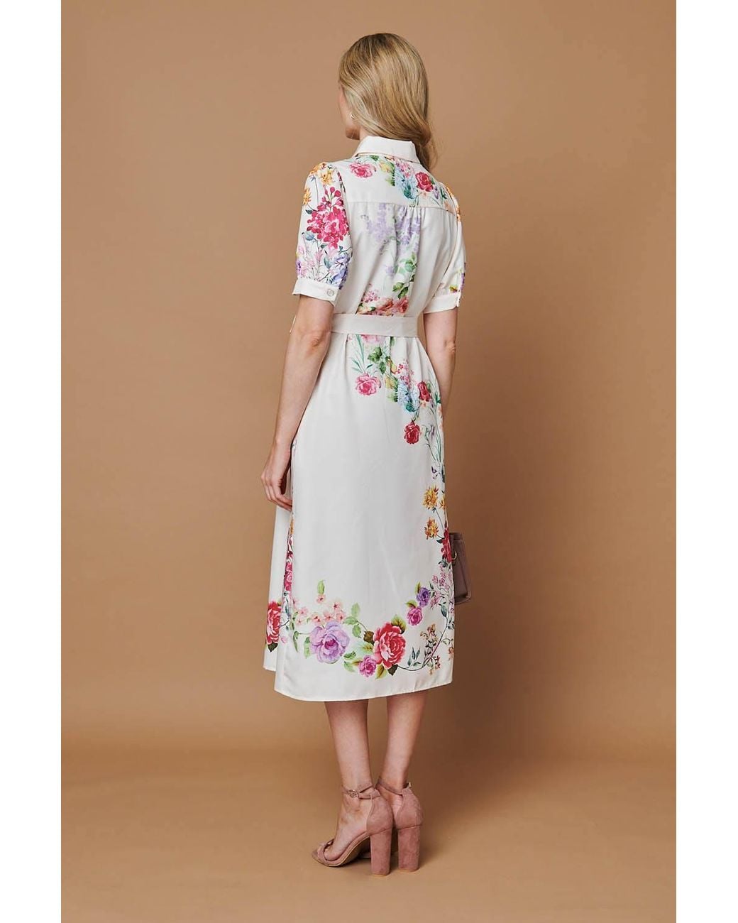 Izabel London Brown Floral 1/2 Sleeve Tie Waist Midi Dress