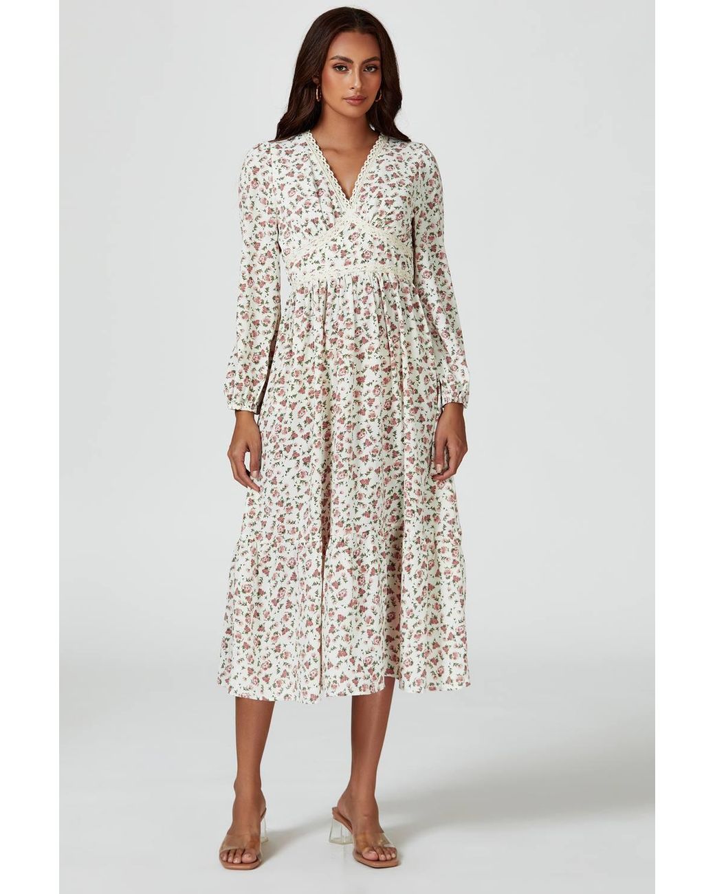 FS Collection White Floral Print Long Sleeve Midi Dress
