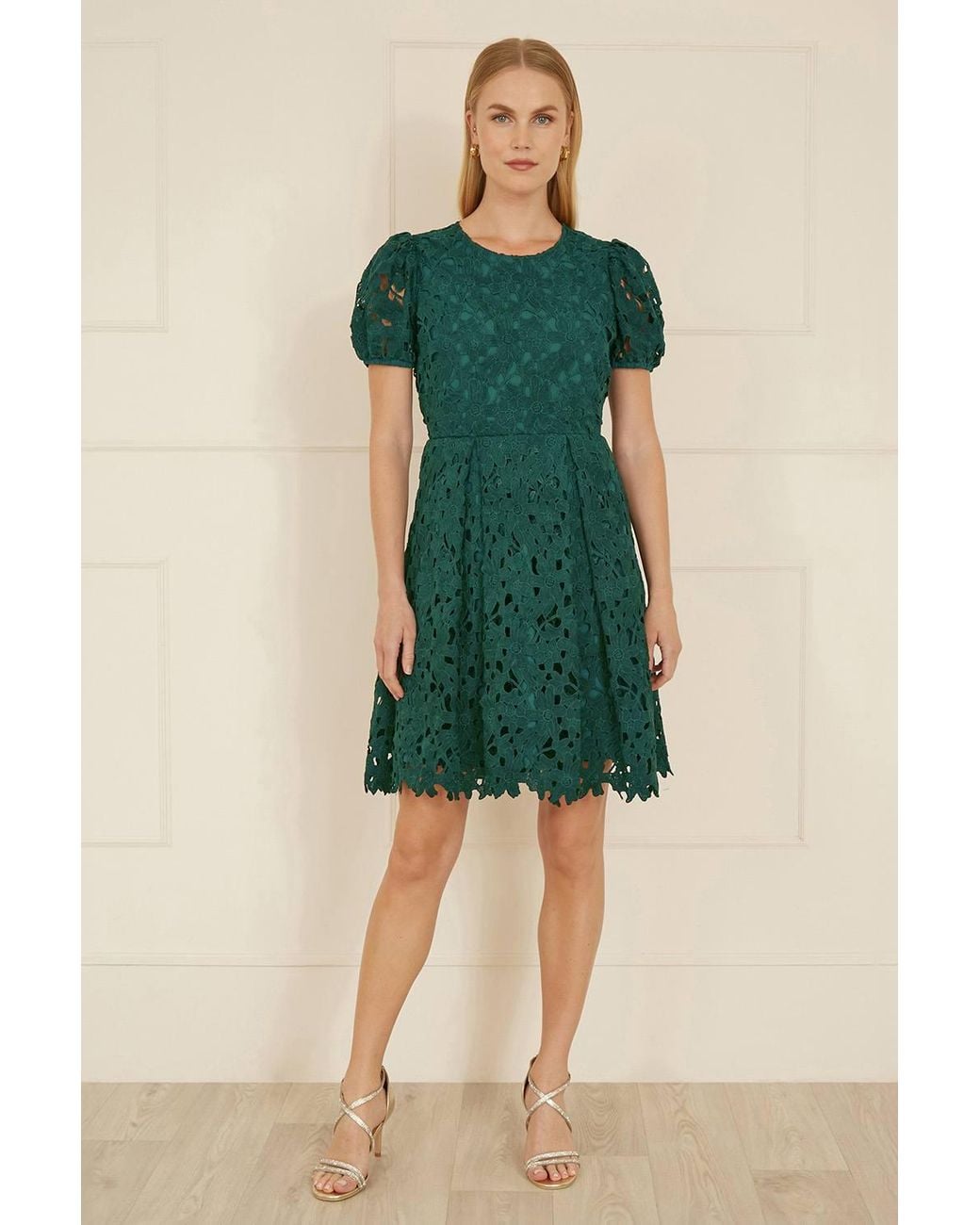 Yumi' Green Lace Skater Dress W/ Puff Sleeves