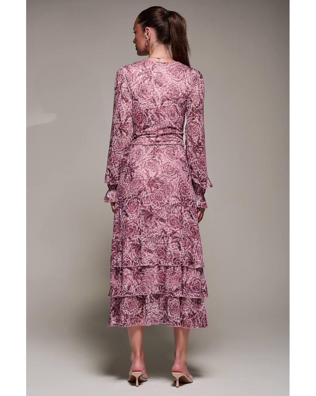 Jolie Moi Pink Long Sleeve Frill Detail Mesh Maxi Dress