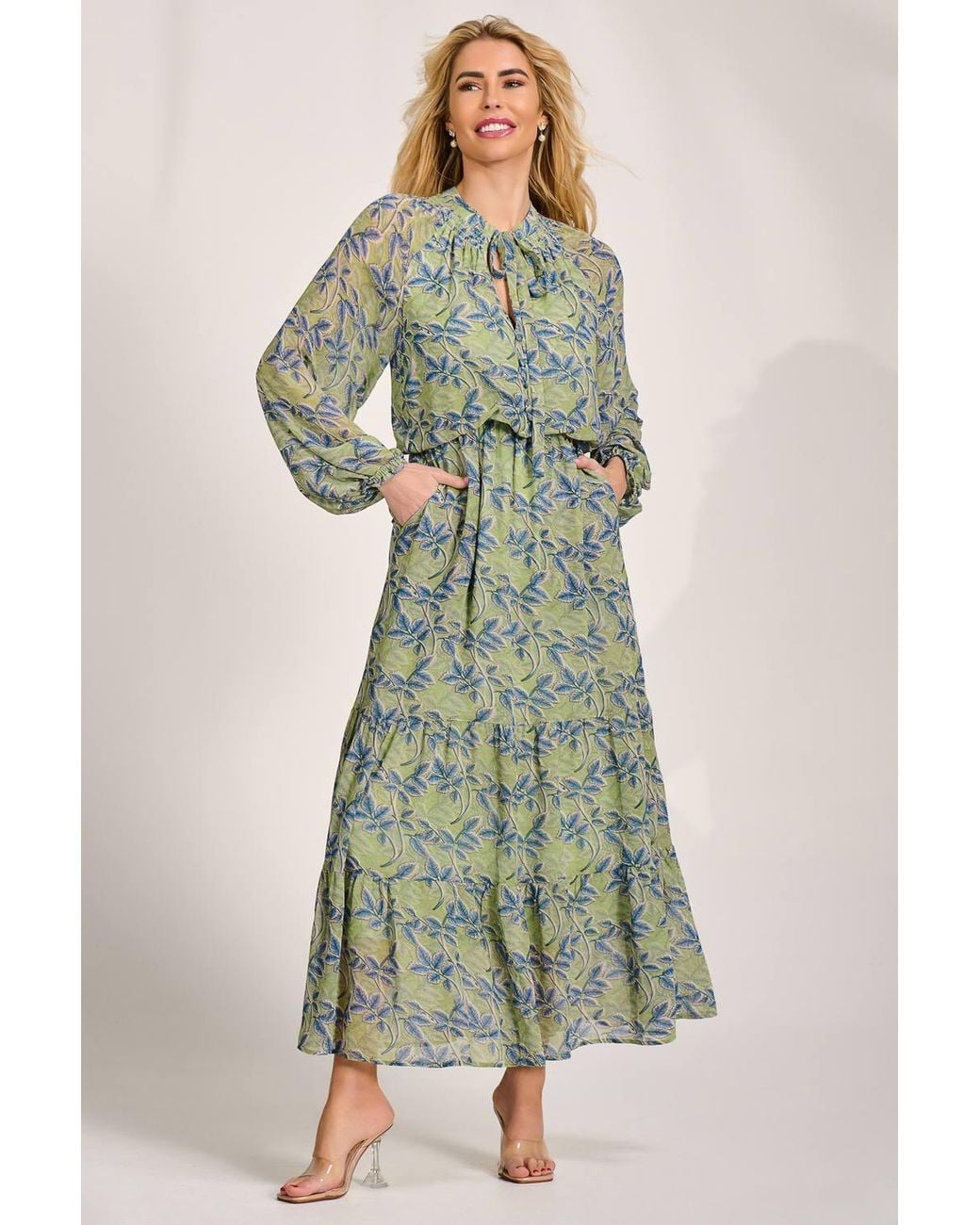 Jolie Moi Green Chiffon Long Sleeve Tiered Maxi Dress