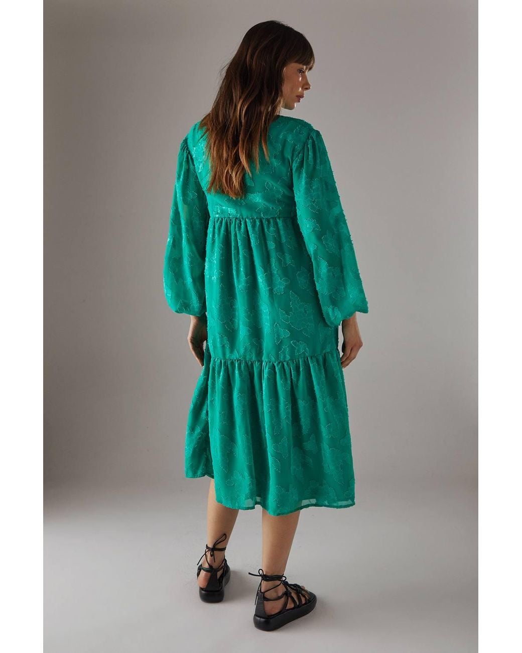 Warehouse Green Burnout Chiffon Wrap Smock Midi Dress