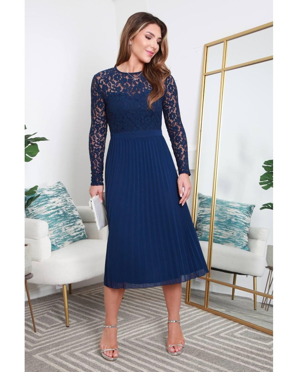 Double Second Blue Long Sleeve Lace Pleated Dress