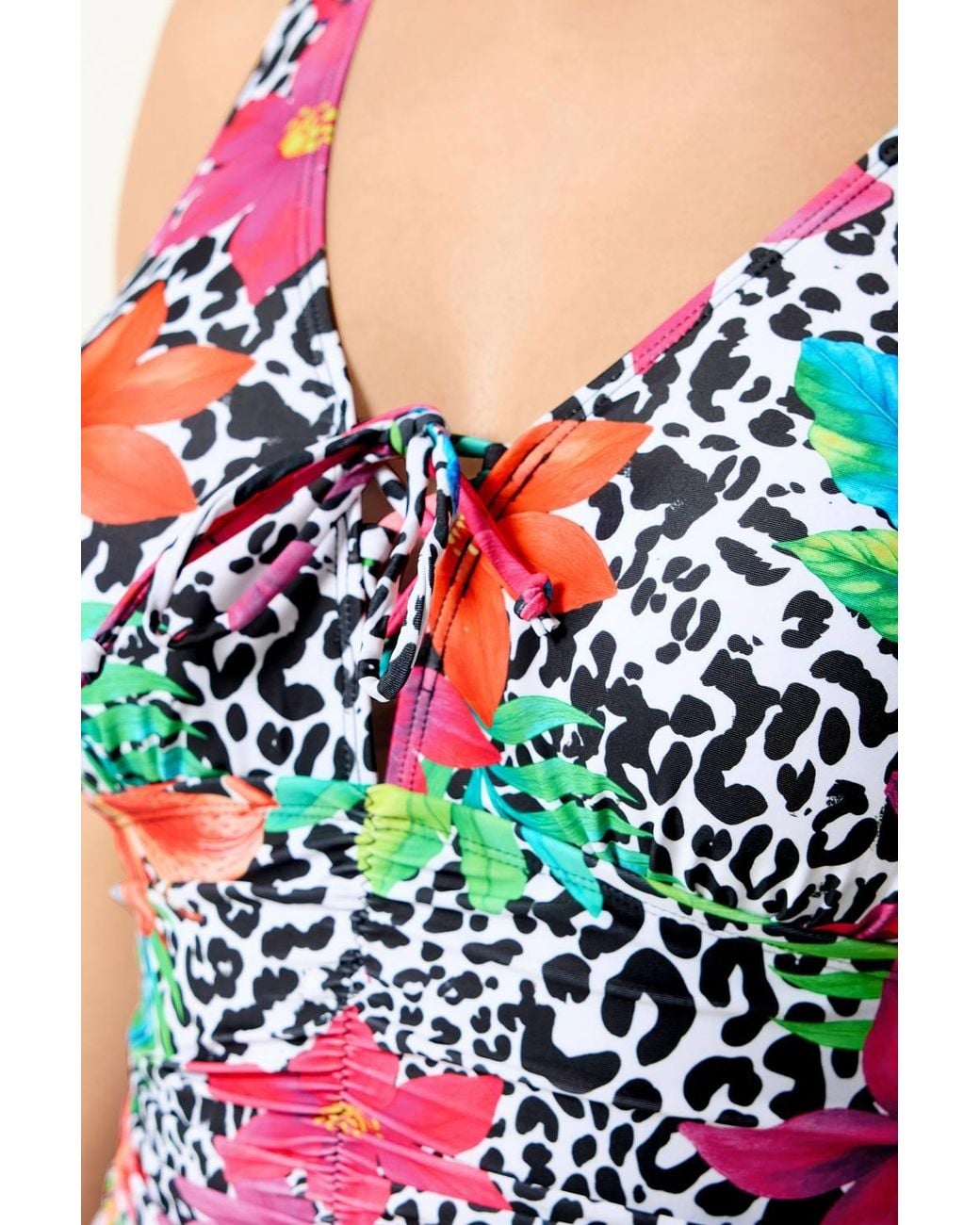 Yours Red Leopard Floral Lace Up Swimsuit