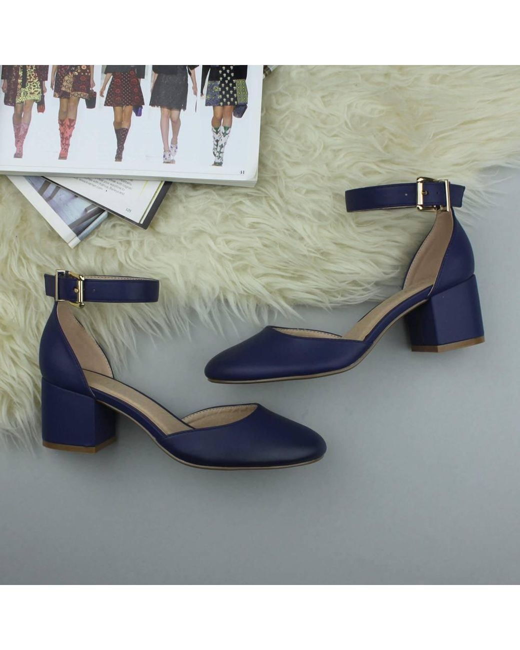 AJVANI Blue Mid Block Heel Ankle Strap 2 Part Heels