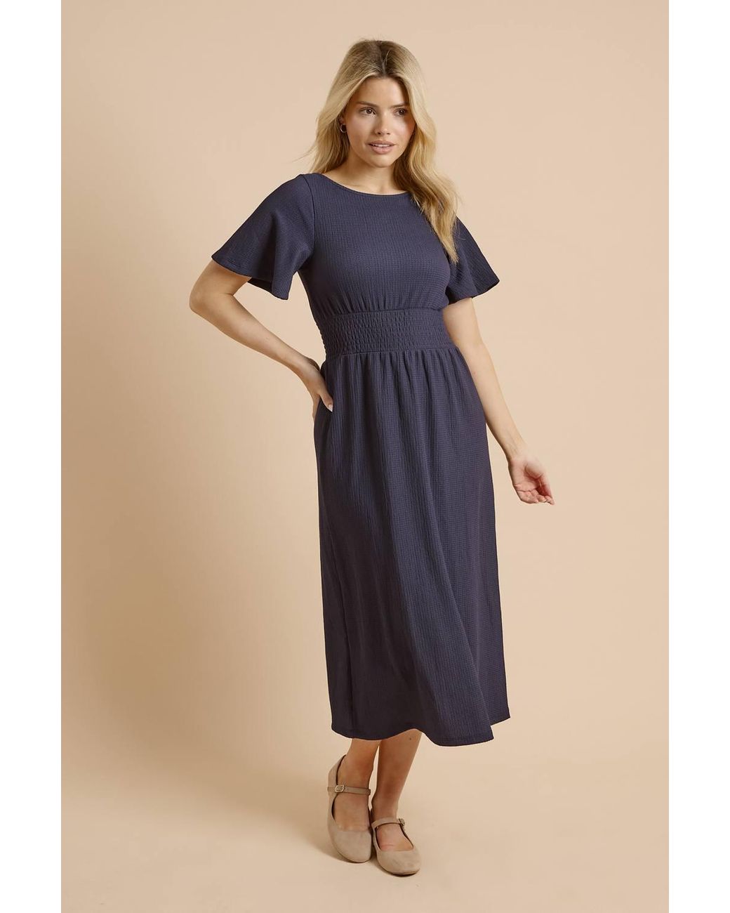 Dorothy Perkins Blue Shirred Waist Short Sleeve Midi Dress