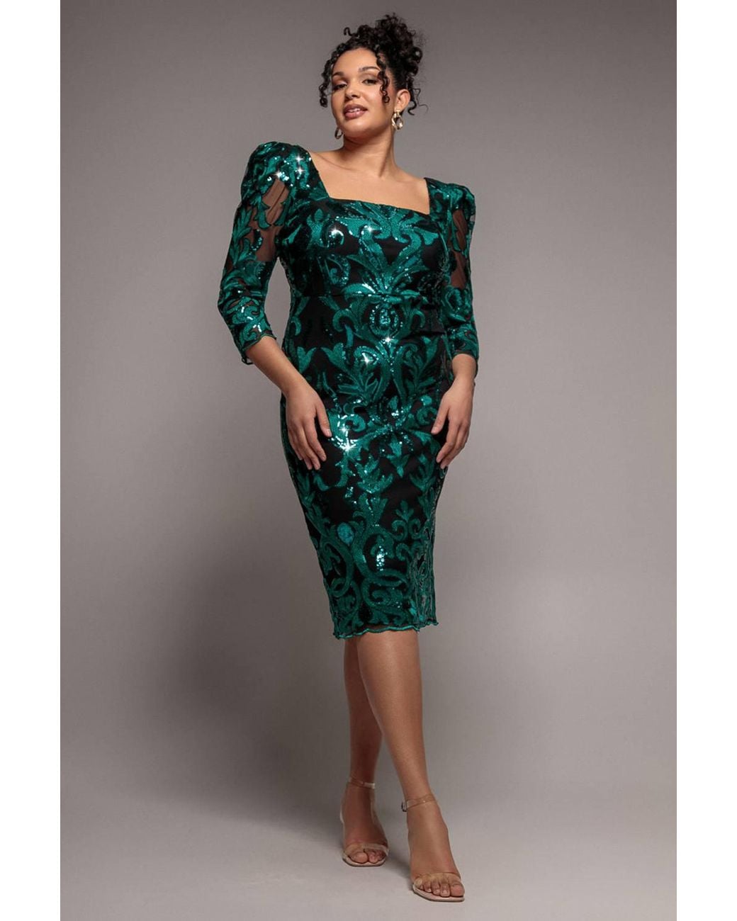 Goddiva Green Square Neck Scalloped Lace Midi Dress