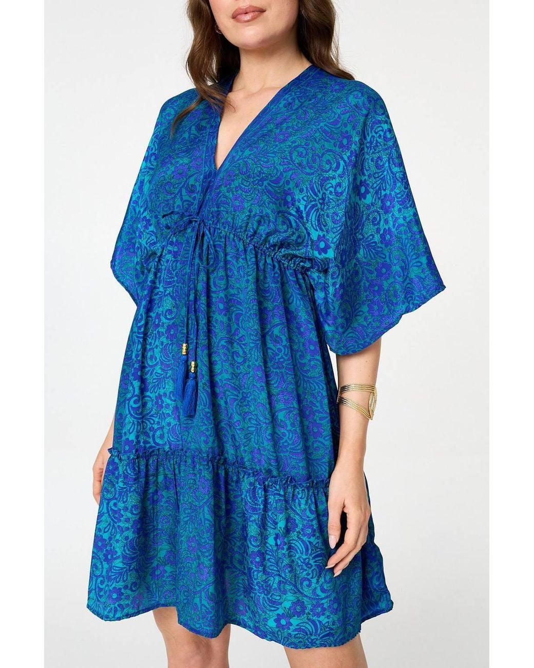 Izabel London Blue Paisley 3/4 Sleeve Relaxed Short Dress
