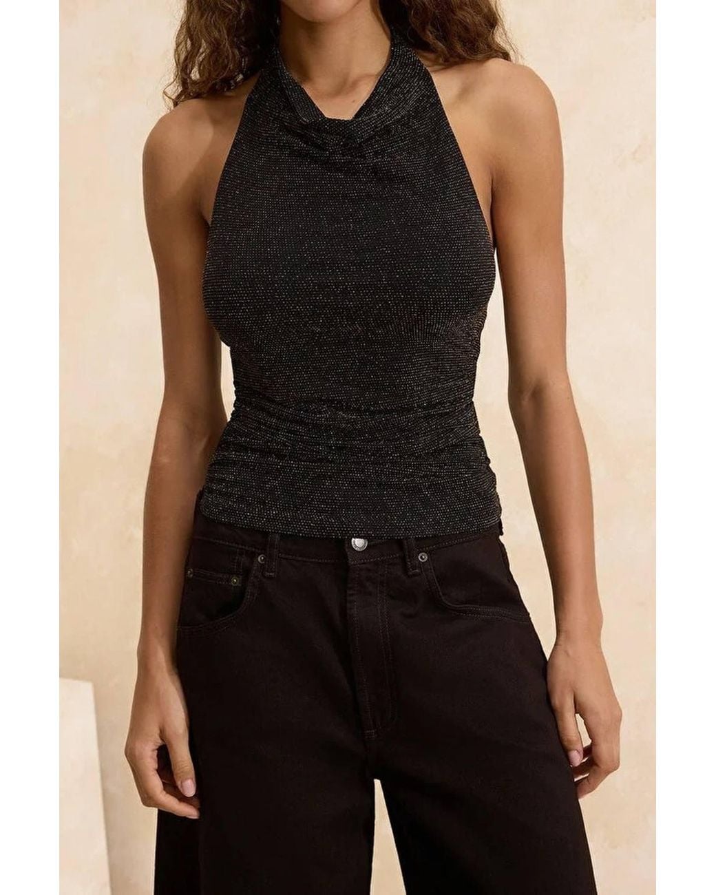 WOVCOR Black Sparkle Cowl Neck Party Top W/ Sleeveless Design