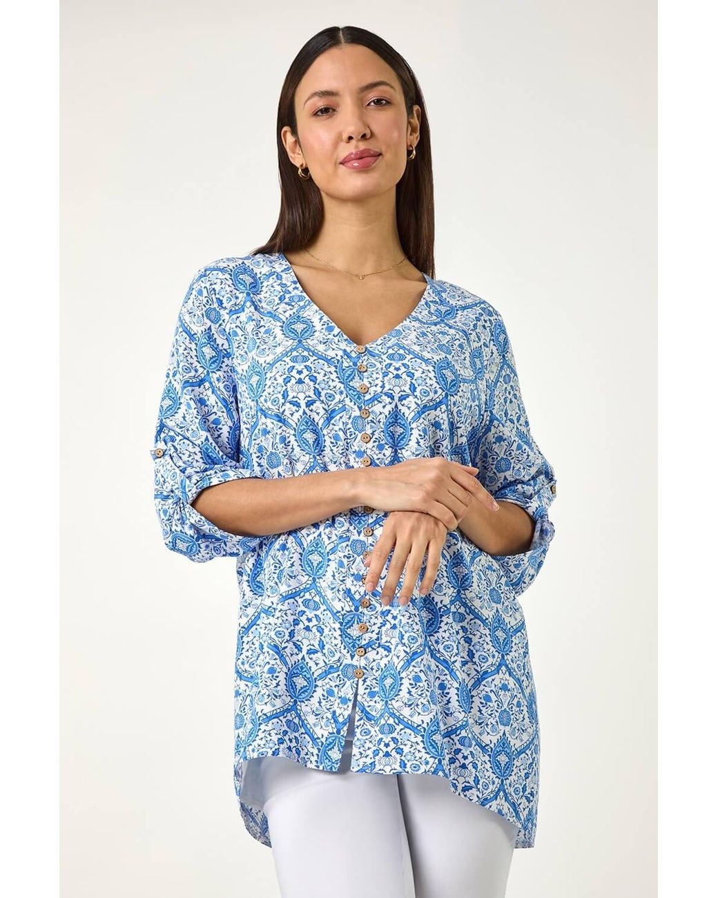 Roman Blue Floral Printed Button Detail Top