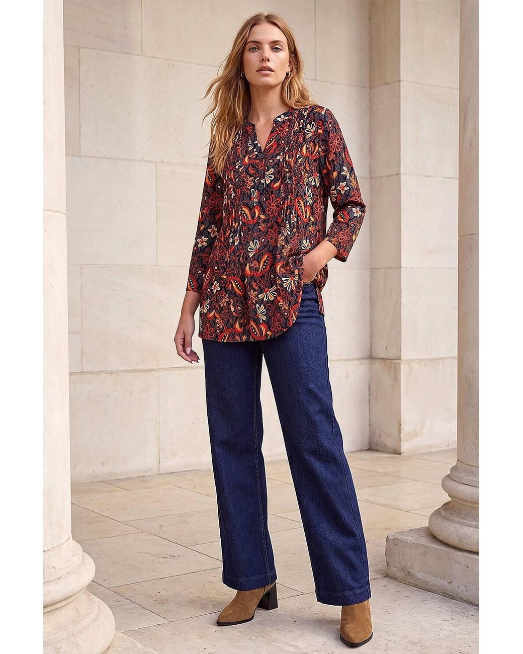 Roman Red Geo Floral Print Pintuck Shirt