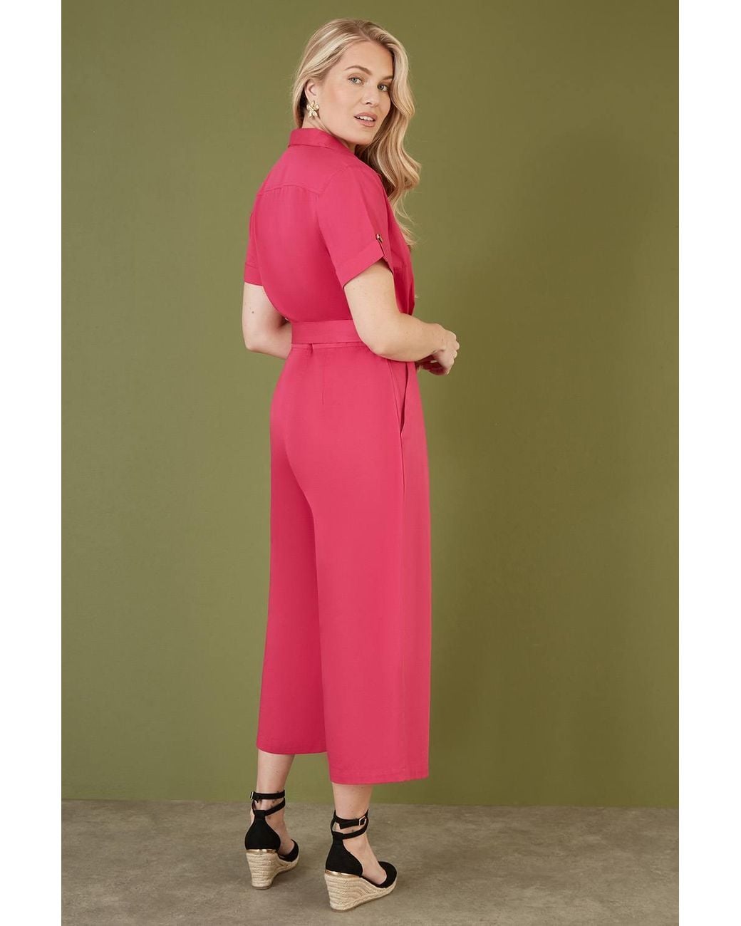 Yumi' Green Viscose Twill Button Up Utility Style Jumpsuit