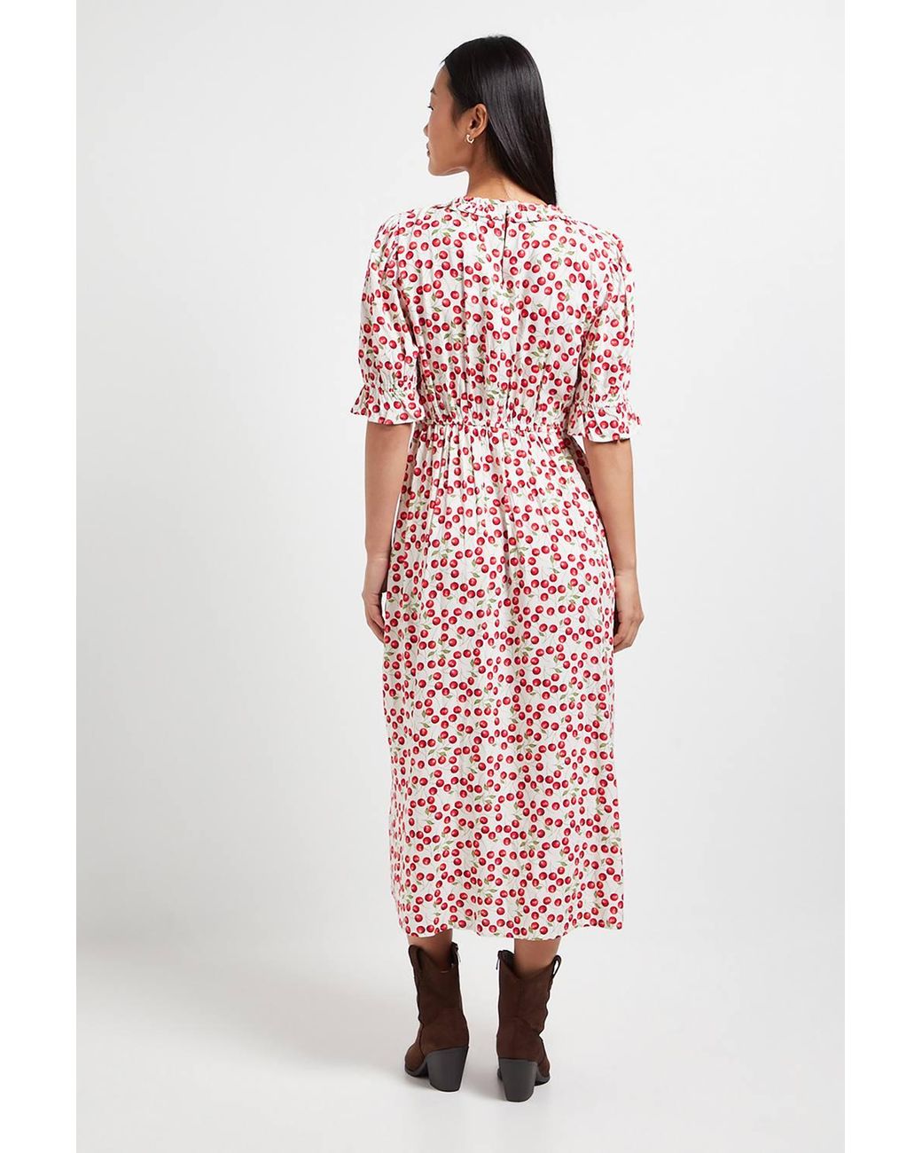 Dorothy Perkins Red Petite Print Square Neck Frill Detail Puff Sleeve Midi Dress