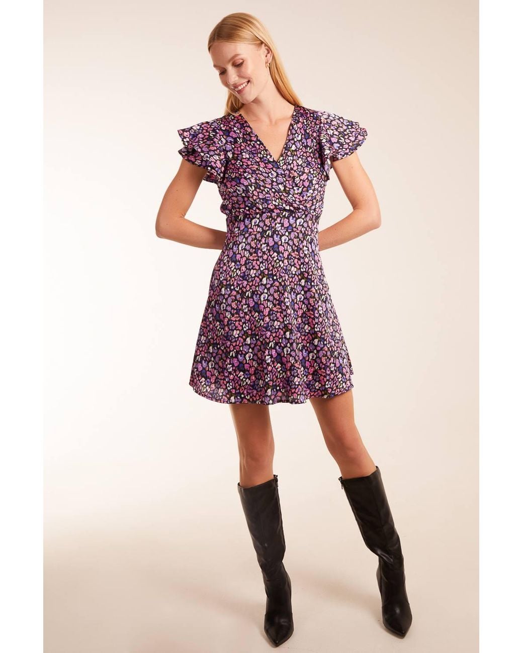 Blue Vanilla Purple Animal Print Wrap Ruffle Mini Dress