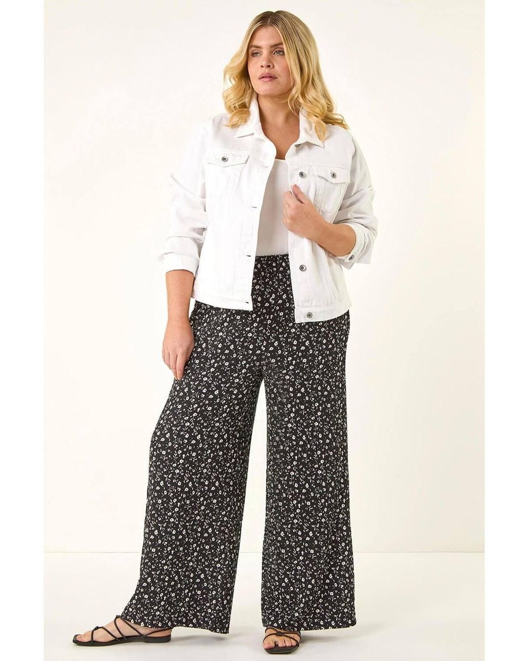 Roman Black Curve Textured Print Wide Leg Trousers