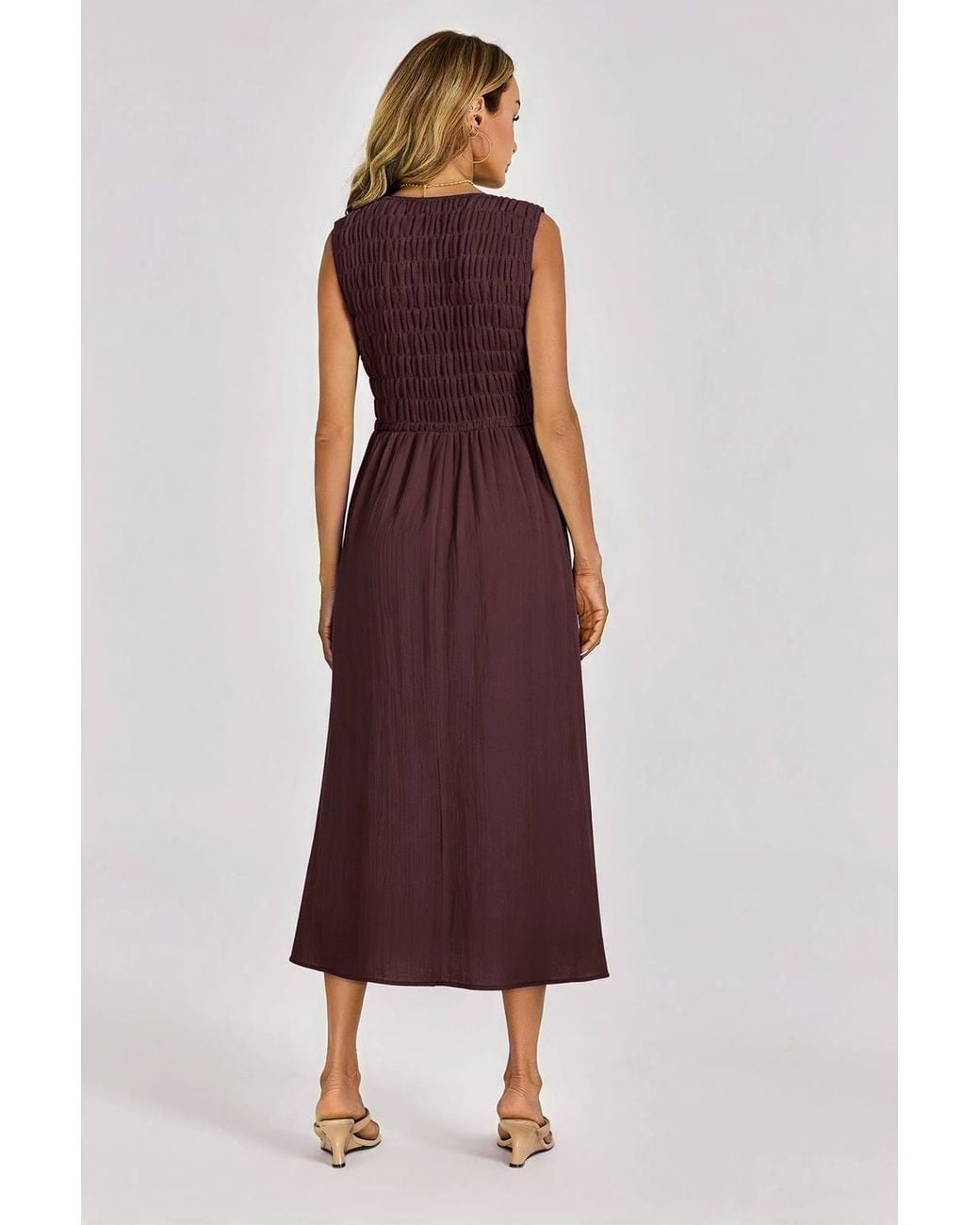 FS Collection Purple Sleeveless Shirred Bodice Midi Dress