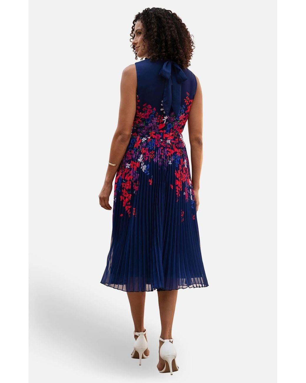 Yumi' Blue Border Floral Print Midi Dress With Pleats