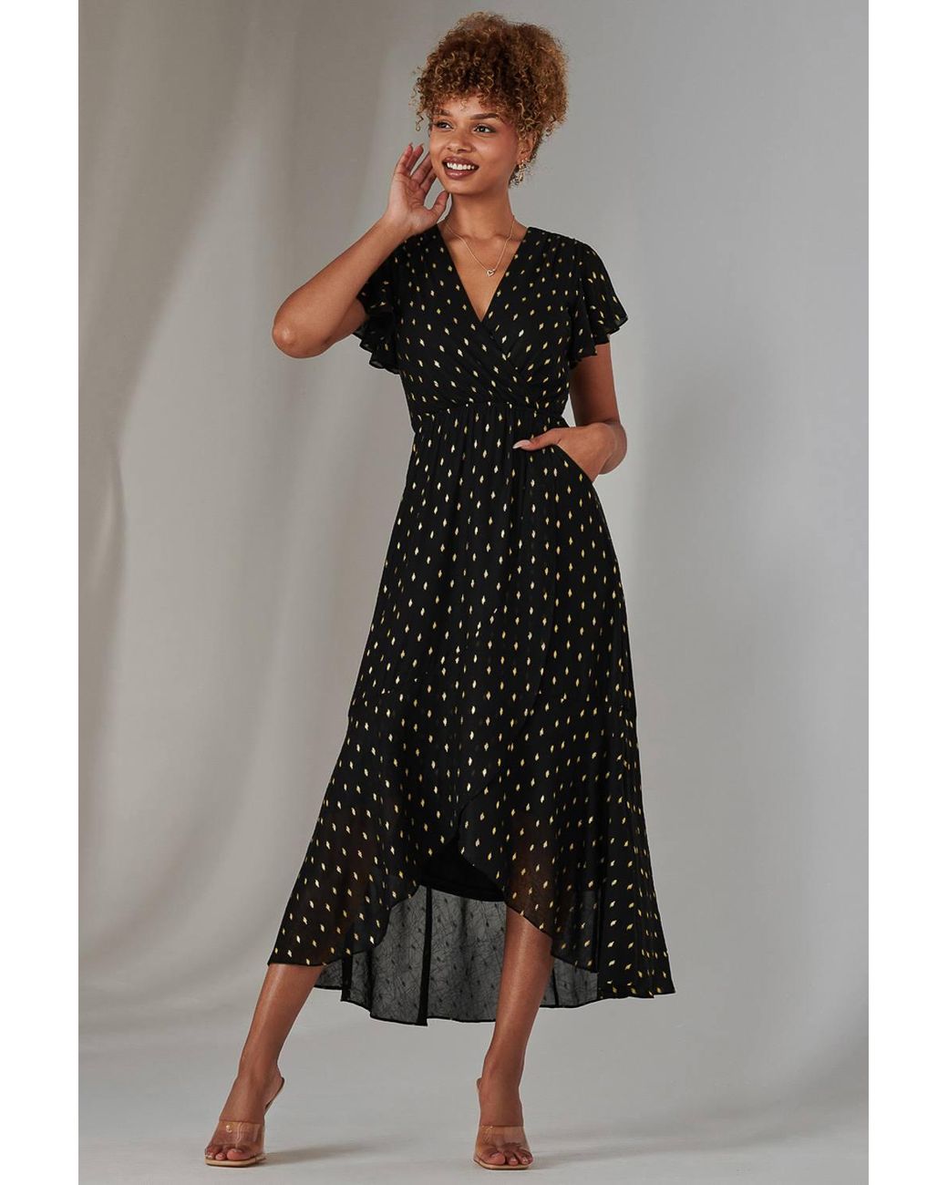 Jolie Moi Black Metallic Spot Textured Chiffon Maxi Dres Dress