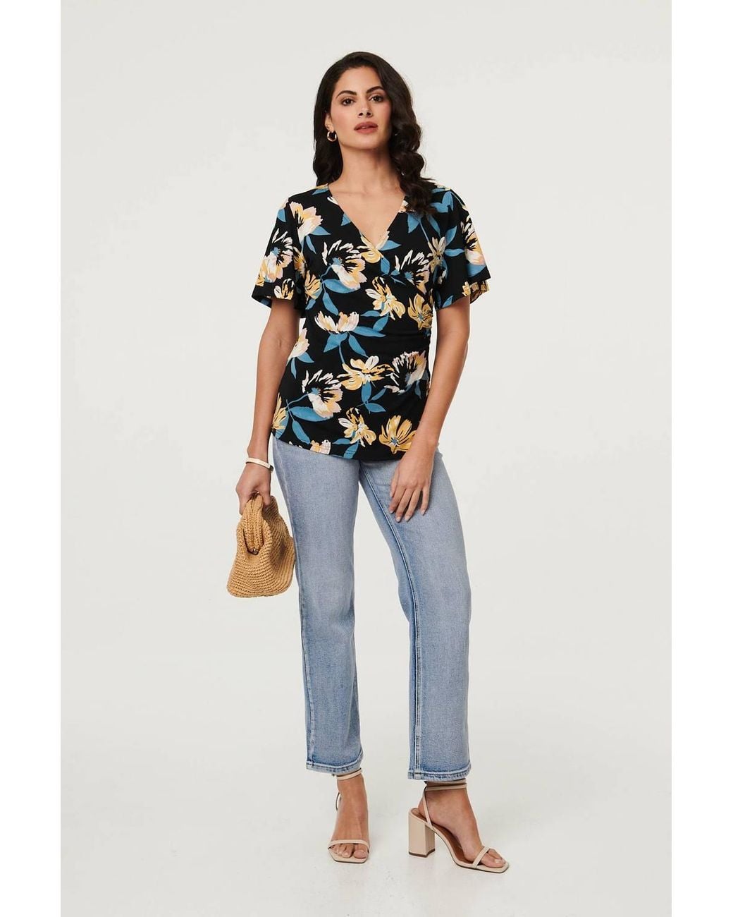 Izabel London Blue Floral Short Angel Sleeve Wrap Front Top