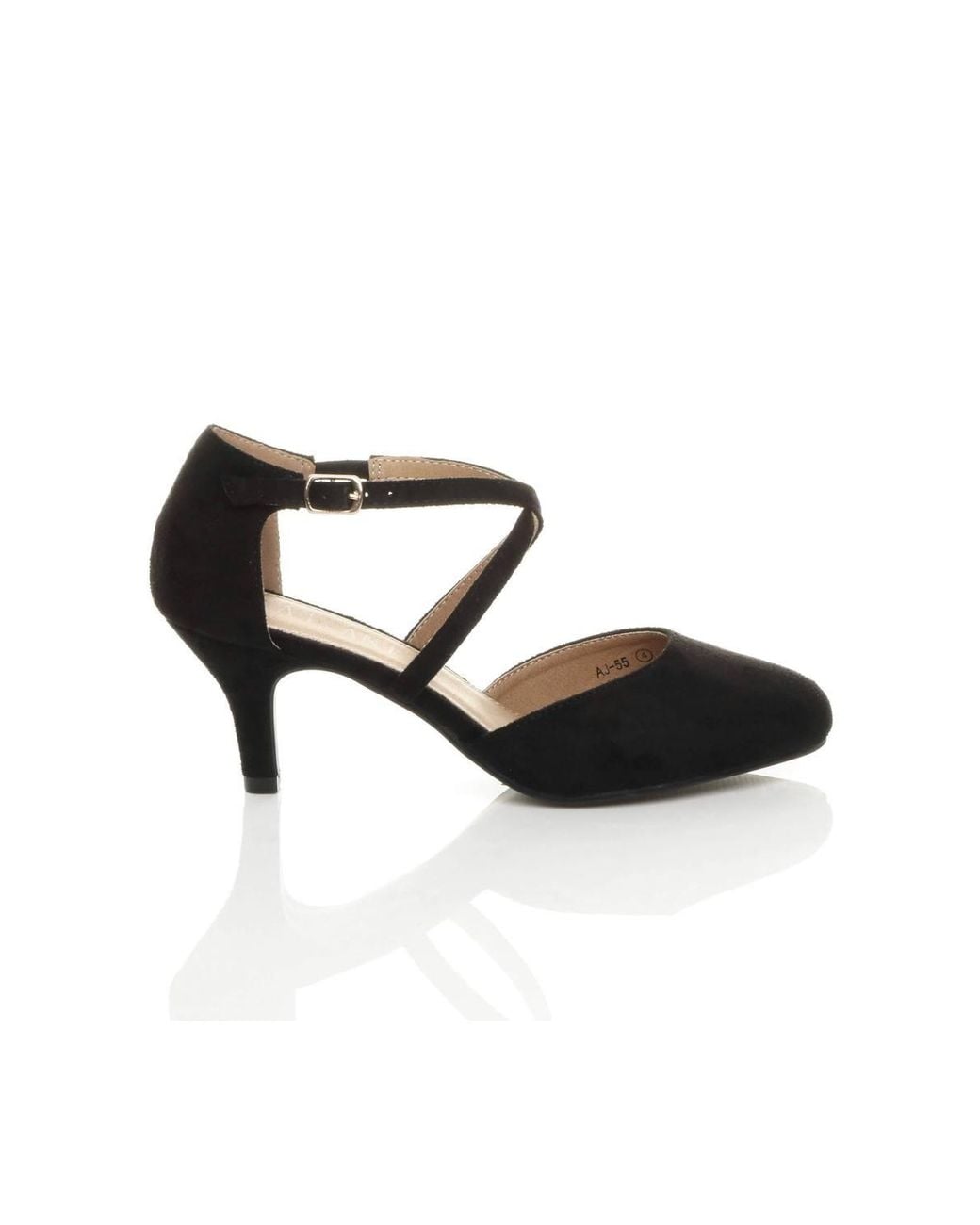 AJVANI Black Mid Heel Crossed Straps Court Shoes