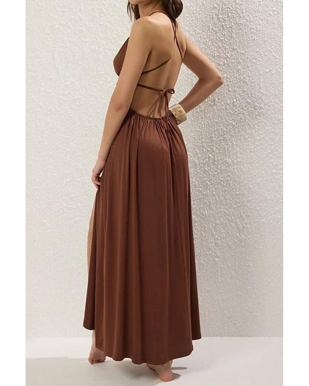 WOVCOR Brown Strappy Maxi Beach Dress W/ Front Tie Detail & Split