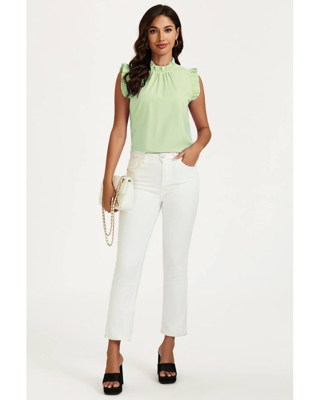 FS Collection Green Frill Trim Sleeve Frill Neck Blouse Top
