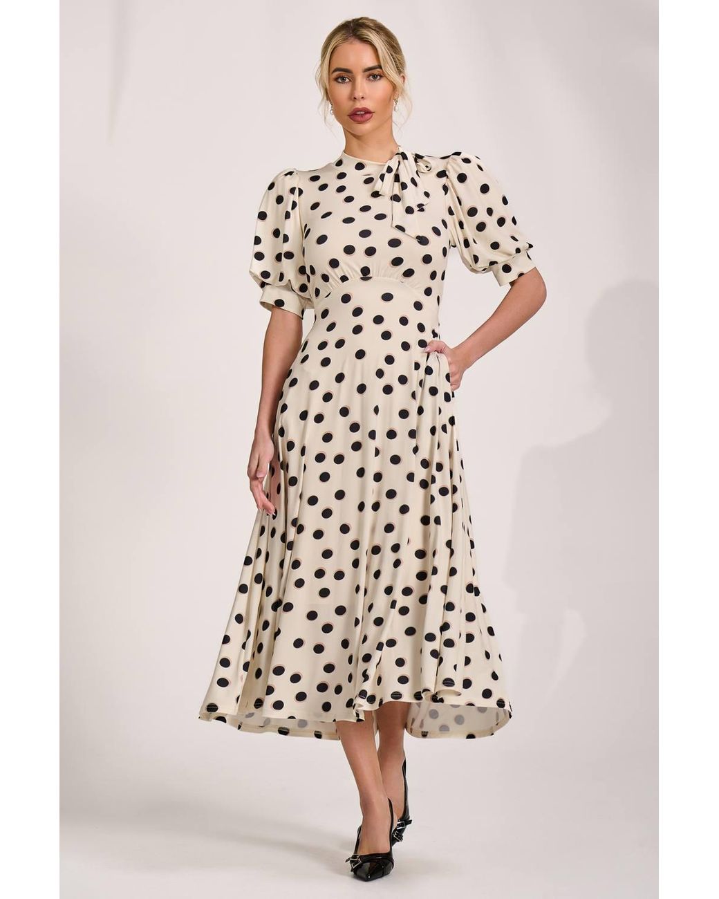 Jolie Moi Natural Tie Neck Puffy Sleeve Jersey Midi Dress