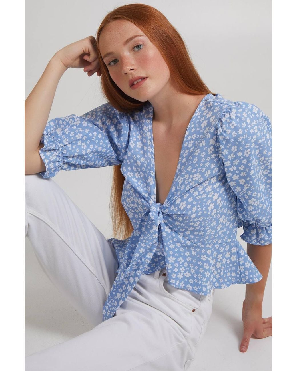 Pink Vanilla Blue Ditsy Print Tie Front Crop Top