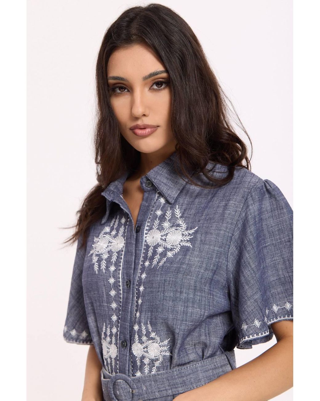 Liquorish Blue Linen Blend Embroidered Midi Dress